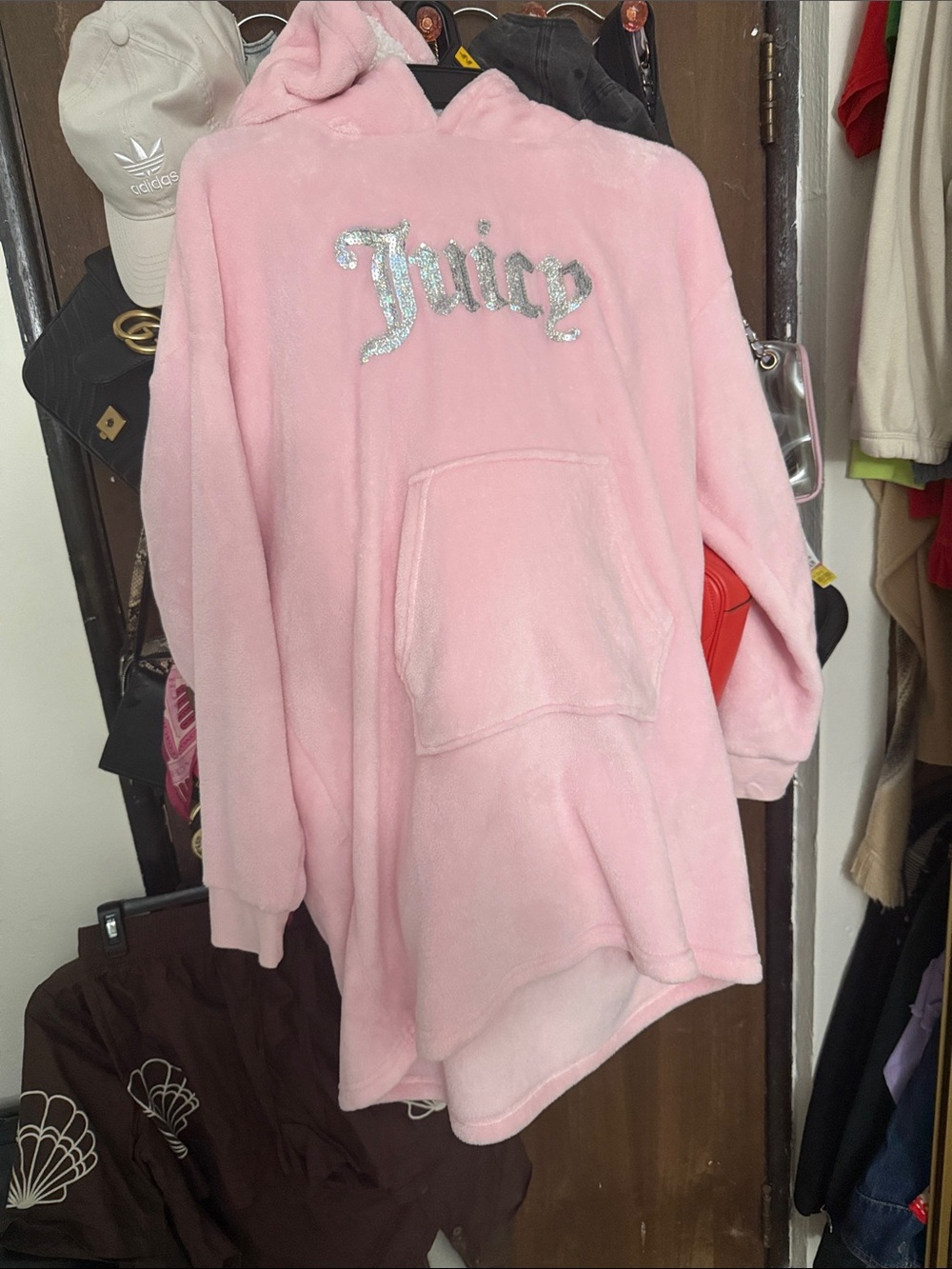 Juicy Couture Pink Plush Hoodie Cape with Silver Sequin Logo
